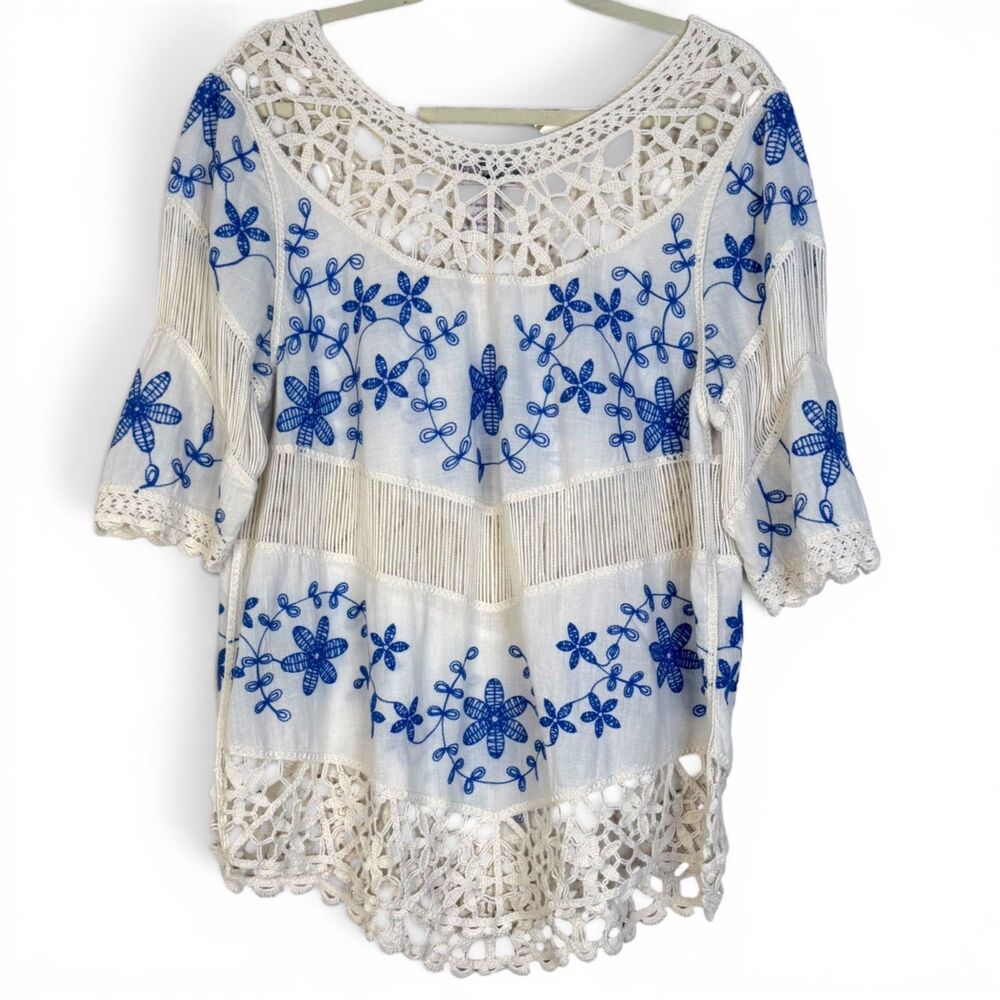 boho peasant embroidered crochet lace cotton blouse medium festival by oliver - Picture 2 of 6